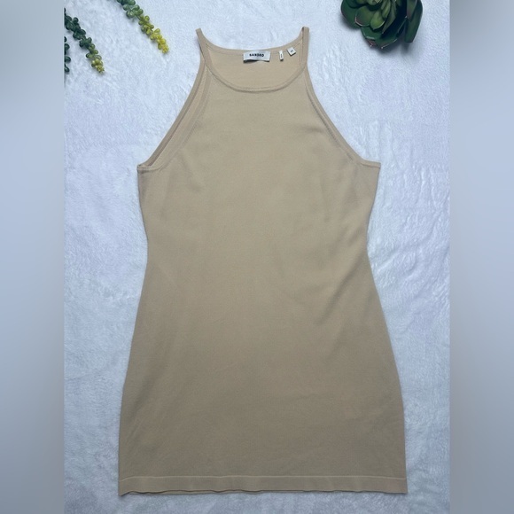 Sandro High Neck Spaghetti Strap Bodycon Mini Dress in Neutral Tan EU 40/ US 8 - Picture 1 of 11